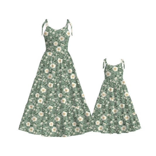 Mommy and Me Green Floral Print Summer Soft Maxi Dress