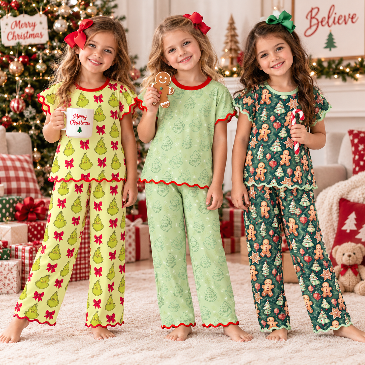 Girls Christmas Pajama Set – Holiday Character & Gingerbread Print Scallop Two-Piece Outfit
