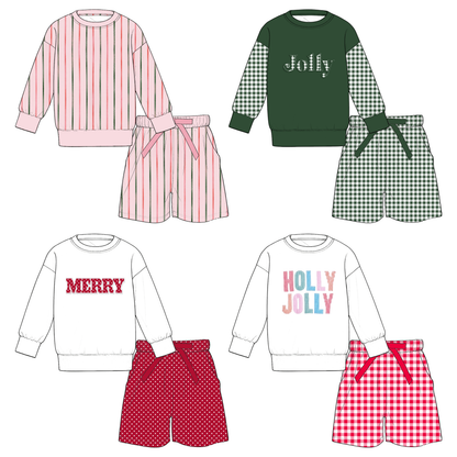 Christmas Girls Long Sleeve Sweatshirt & Printed Shorts Set – Holiday Holly Jolly Merry Plaid Outfit