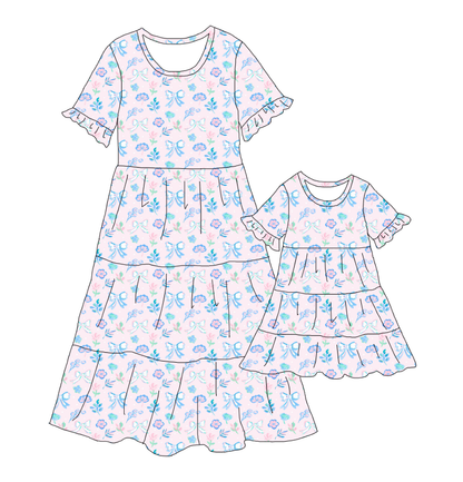 Mommy and Me Floral Bow Patchwork Short Sleeves Dress