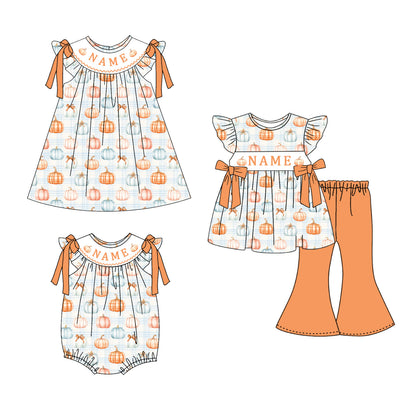 Personalized Pastel Pumpkin Collection | Custom Name Dress, Bubble Romper & Bell Bottom Set