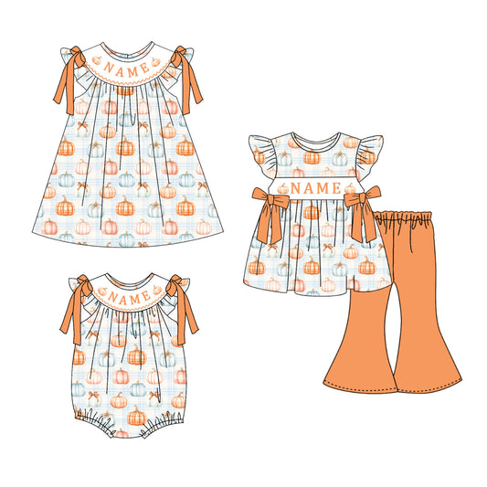 Personalized Pastel Pumpkin Collection | Custom Name Dress, Bubble Romper & Bell Bottom Set