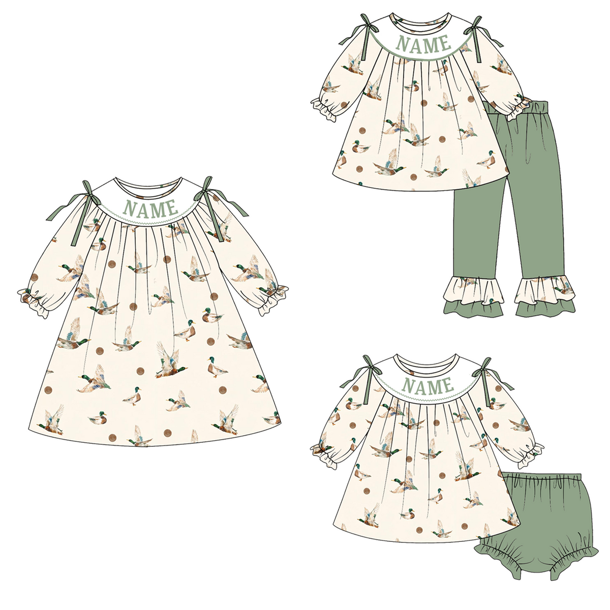 Personalized Girls Mallard Duck Print Outfits – Custom Name Embroidery Dress, Ruffle Bell Bottom Pants Set & Baby Bloomer Set