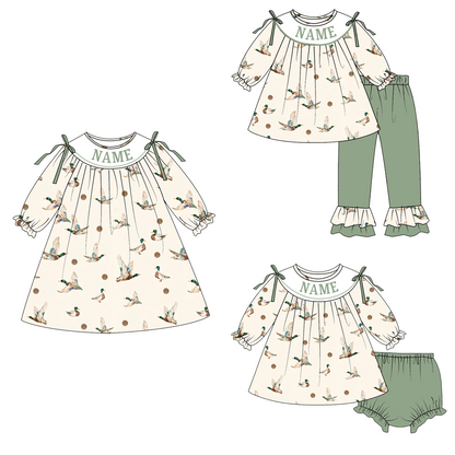 Personalized Girls Mallard Duck Print Outfits – Custom Name Embroidery Dress, Ruffle Bell Bottom Pants Set & Baby Bloomer Set