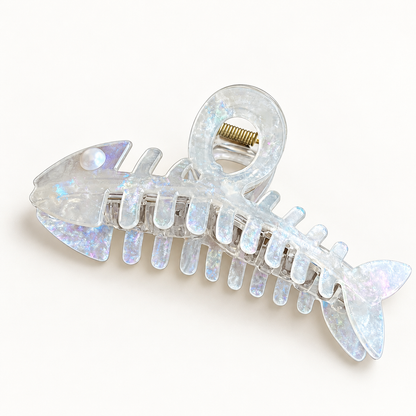 Iridescent Fishbone Hair Claw Clip – Acetate-Look Fish Skeleton Clip with Faux Pearl Eye