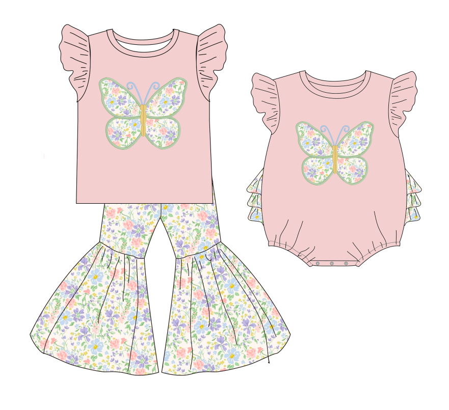 2026 Spring Summer Butterfly Embroidery Pink Pant Set & Romper