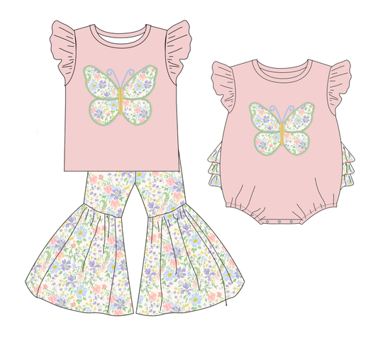 2026 Spring Summer Butterfly Embroidery Pink Pant Set & Romper