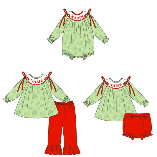 Christmas Smocked Embroidery Custom Name Grinch Outfit Collection