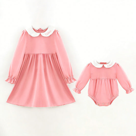 Pink Corduroy V-days Sibling Clothes – Cuties Embroidery