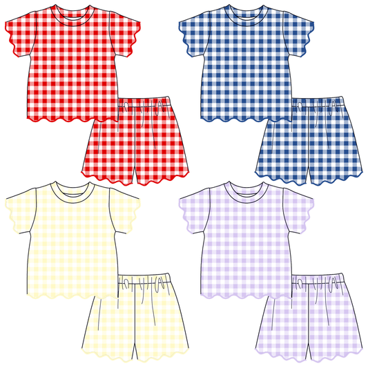 Summer July 4th Plaid Printed Scallop Trim Short Set