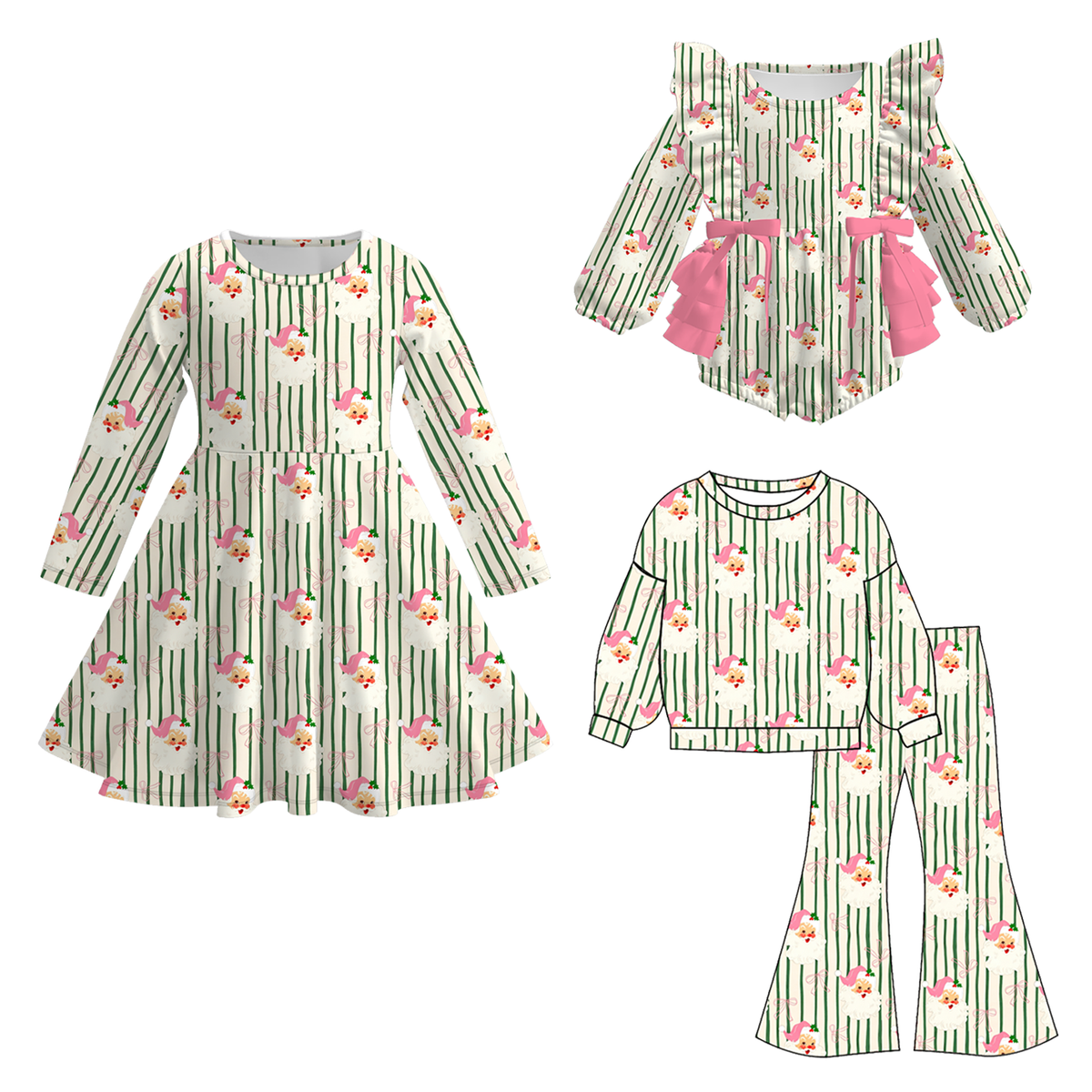 Christmas Santa Stripe Girls Dress, Romper & Pajama Set – Holiday Sibling Collection