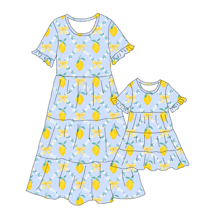 Mommy and Me Lemon Bow Patchwork Short Sleeves Dress