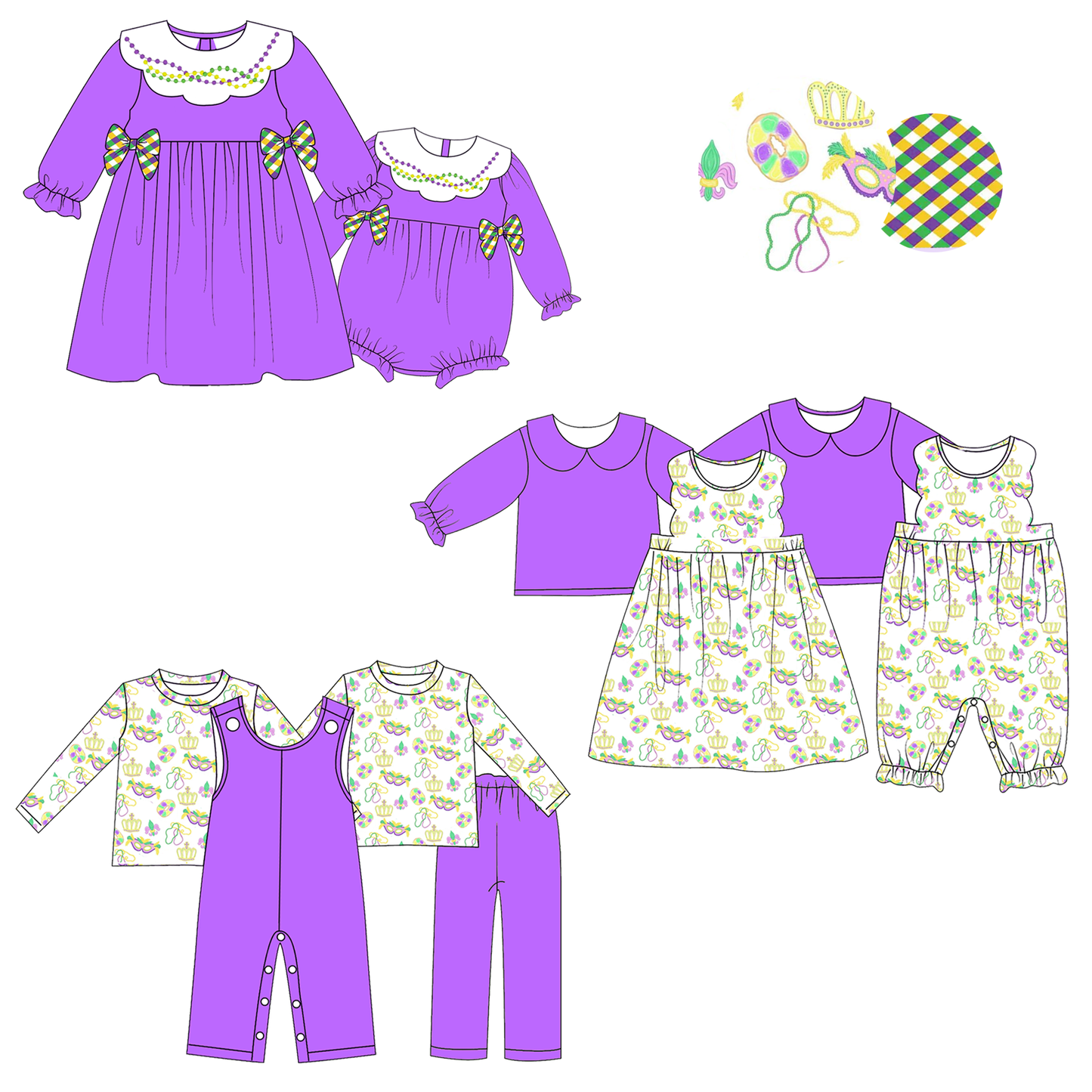 2026 Kids Fashion Mardi Gras Embroidery Purple Outfits Collection