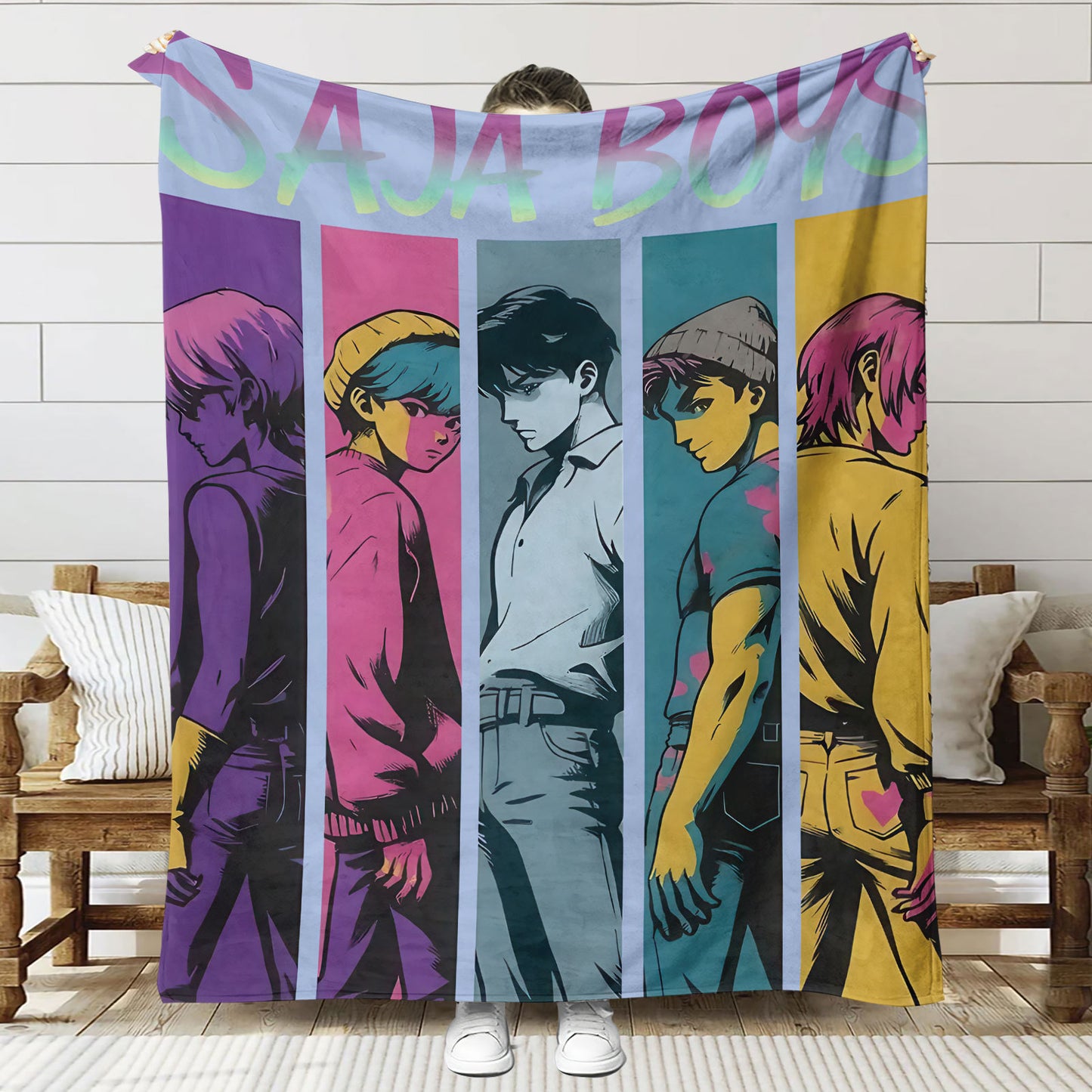 Kpop Demon Hunters Saja Boys Plush Throw Blanket, Flannel Nap Blanket for Sofa or Bed