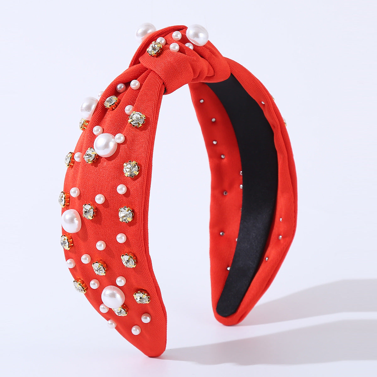 Wide Knotted Headband with Pearls & Rhinestones Padded Fashion Hair Band for Women & Girls