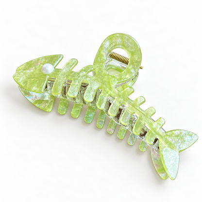 Iridescent Fishbone Hair Claw Clip – Acetate-Look Fish Skeleton Clip with Faux Pearl Eye