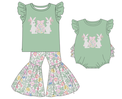 2026 Easter Bunny Embroidery Green Floral Pant Set & Romper