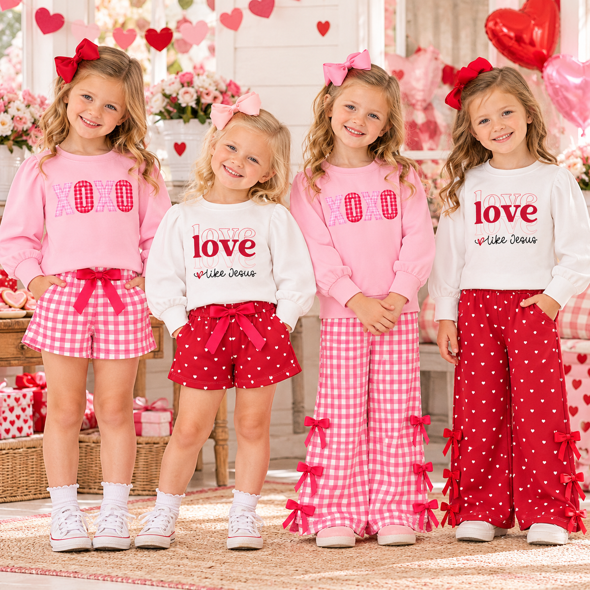 Girls Valentine's Day XOXO & Love Like Jesus Printed Outfit Set – Long Sleeve Sweatshirt with Gingham Shorts or Bow Detail Pants