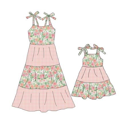 Mommy and Me Floral Pink Plaid Patchwork Slip Dress