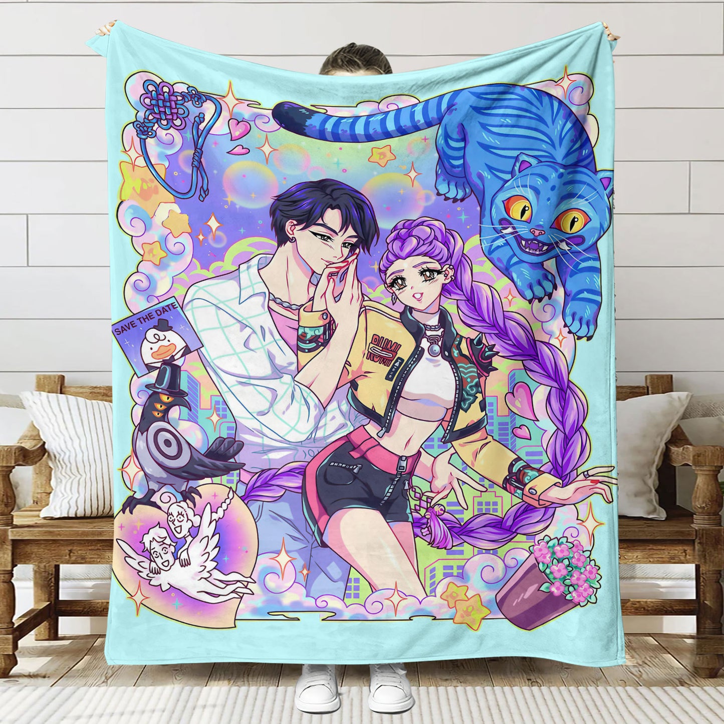 Kpop Demon Hunters Saja Boys Plush Throw Blanket, Flannel Nap Blanket for Sofa or Bed