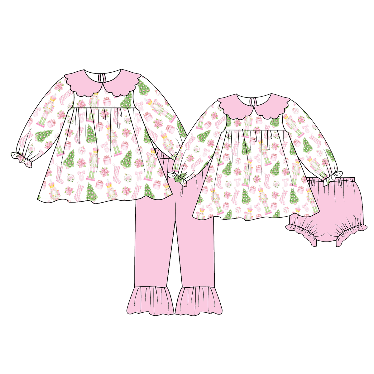 Pink Nutcracker Christmas Girls Matching Bloomer & Ruffle Pant Set