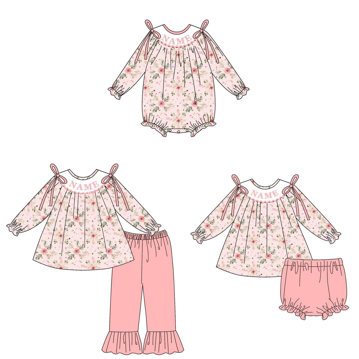 Fall Smocked Embroidery Custom Name Pink Floral Outfit Collection