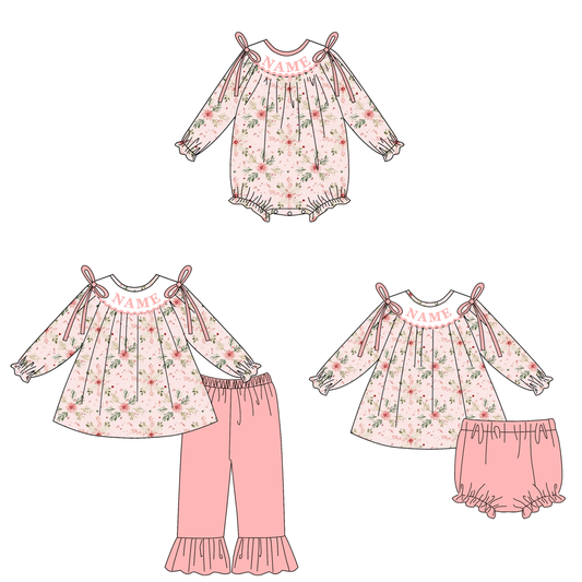 Fall Smocked Embroidery Custom Name Pink Floral Outfit Collection