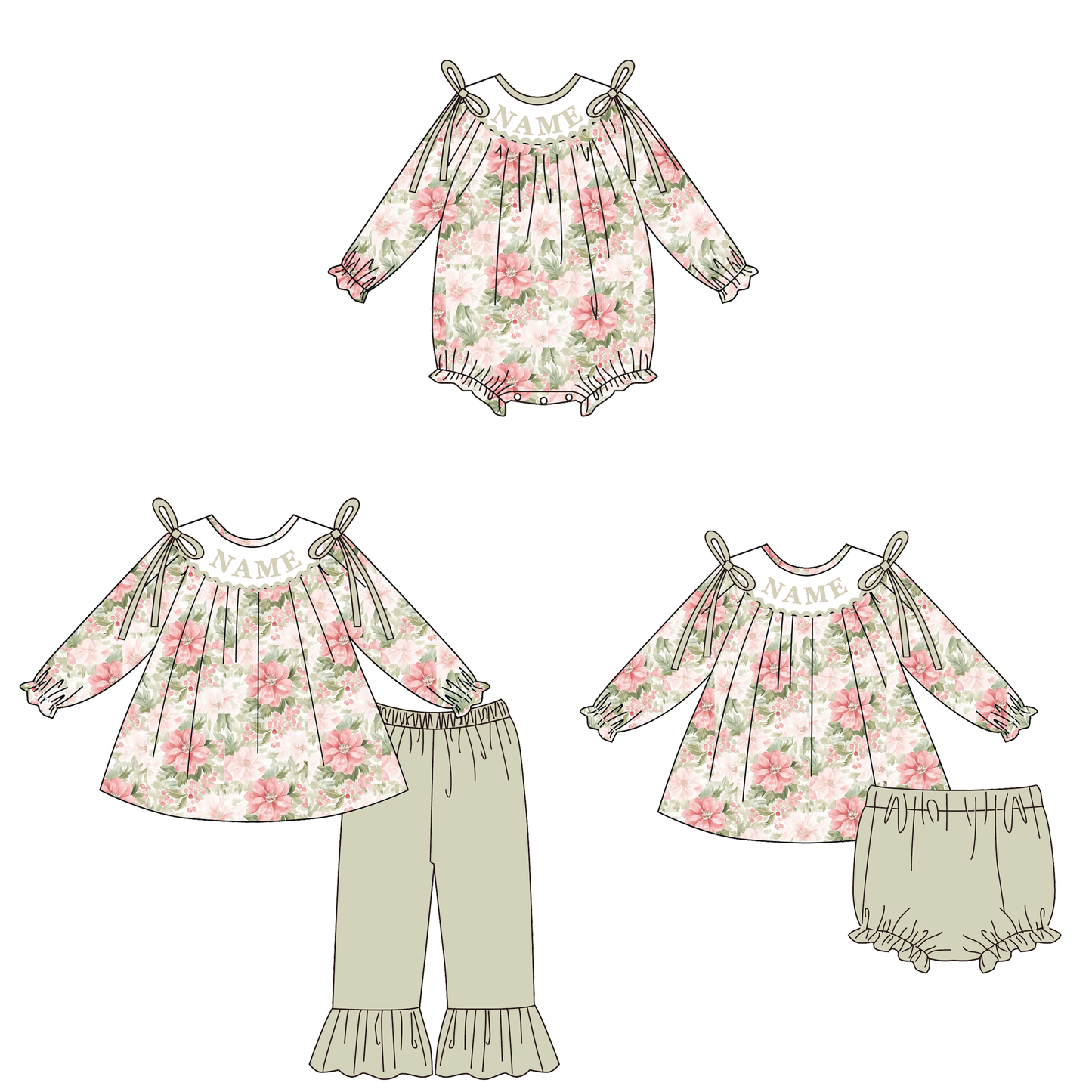 Fall Smocked Embroidery Custom Name Floral Outfit Collection