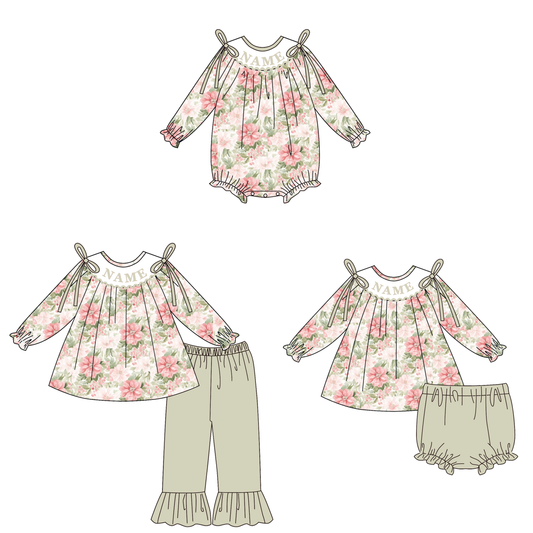 Fall Smocked Embroidery Custom Name Floral Outfit Collection