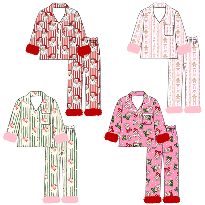 Girls Christmas Pajama Set – Holiday Print Button-Up Sleepwear with Fuzzy Trim