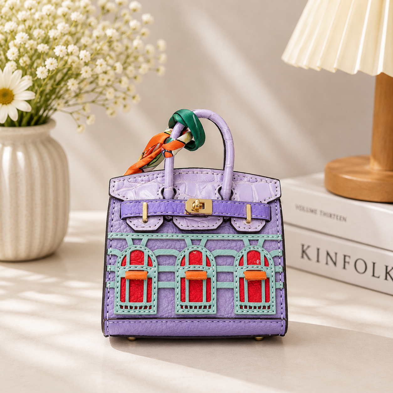 Mini House Bag Charm with Scarf – Faux Leather Coin Purse & Earbud Pouch