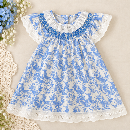 Girls Blue Floral Smocked Dress & Baby Romper – Cotton Summer Sister Matching Outfit
