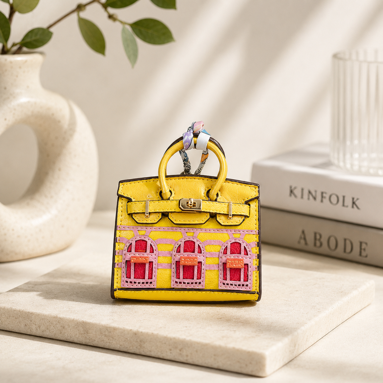Mini House Bag Charm with Scarf – Faux Leather Coin Purse & Earbud Pouch