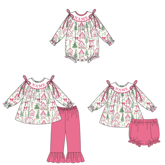 Christmas Smocked Embroidery Custom Name Tree House Outfit Collection