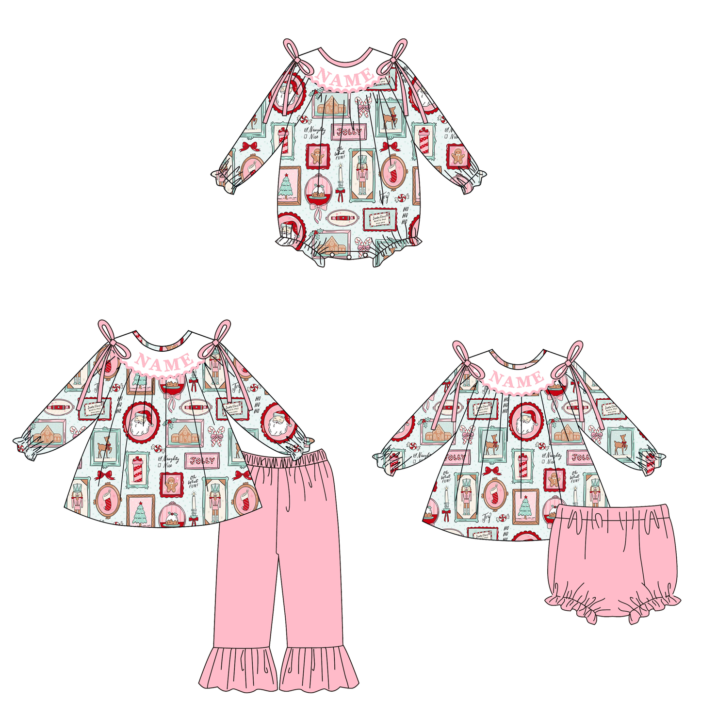 Christmas Smocked Embroidery Custom Name Santa Reindeer Outfit Collection