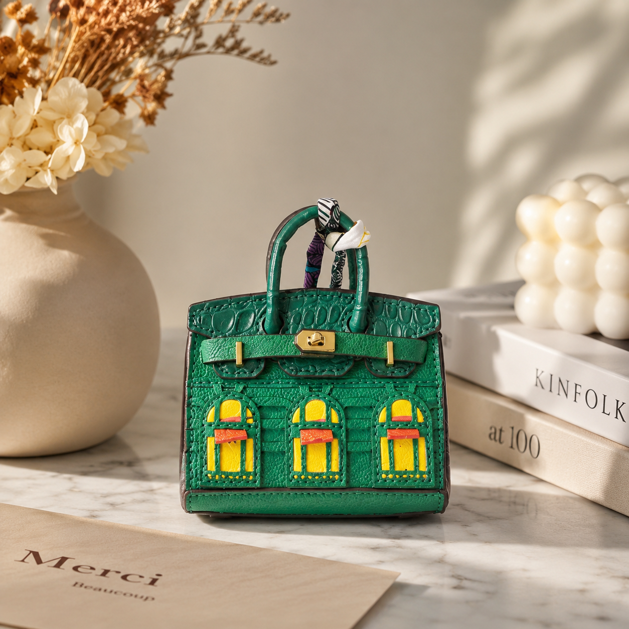 Mini House Bag Charm with Scarf – Faux Leather Coin Purse & Earbud Pouch
