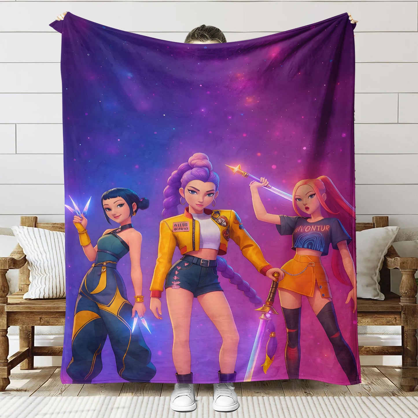 Kpop Demon Hunters Saja Boys Plush Throw Blanket, Flannel Nap Blanket for Sofa or Bed
