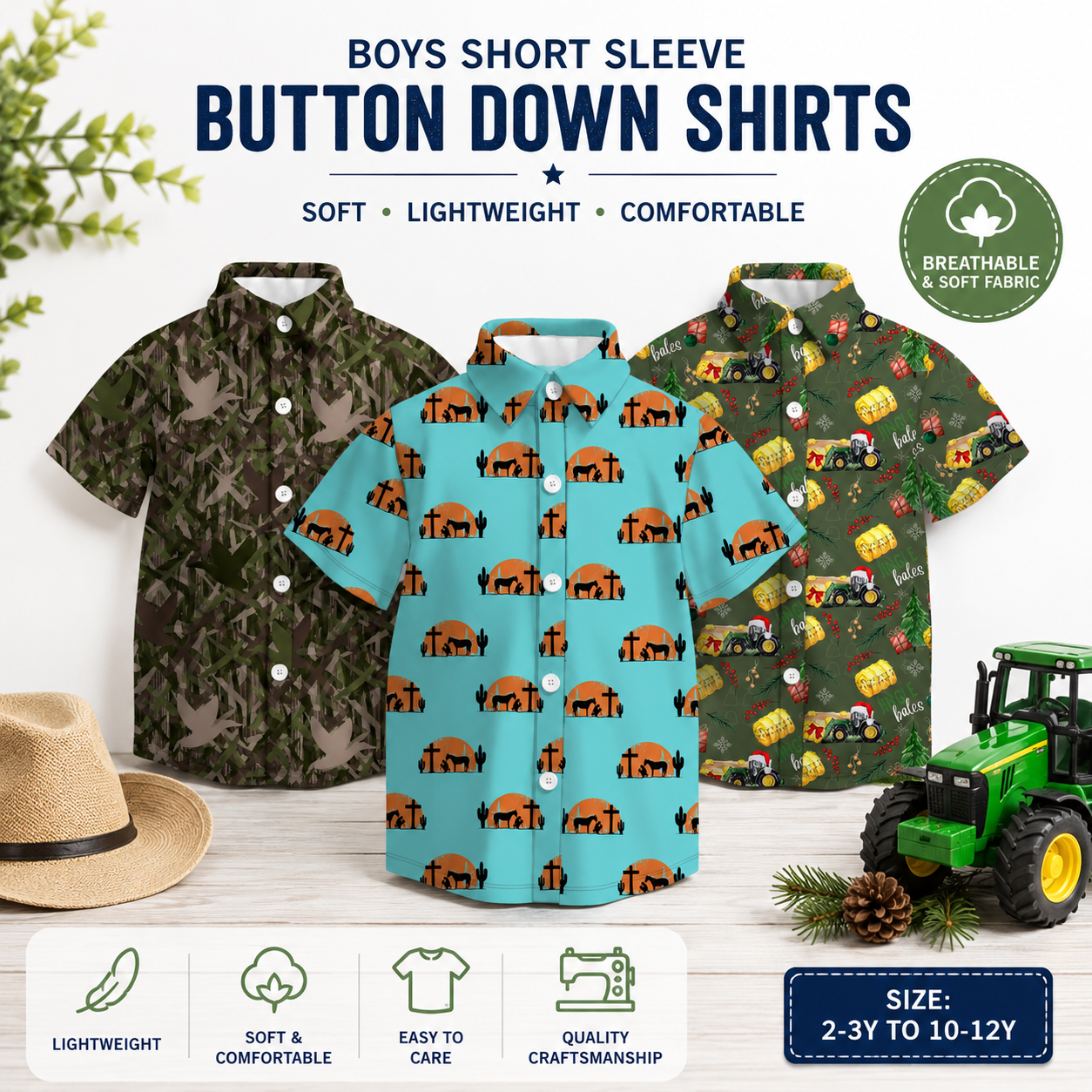 Boys Short Sleeve Button Down Shirt – Soft & Lightweight Casual Collared Shirt for Kids
