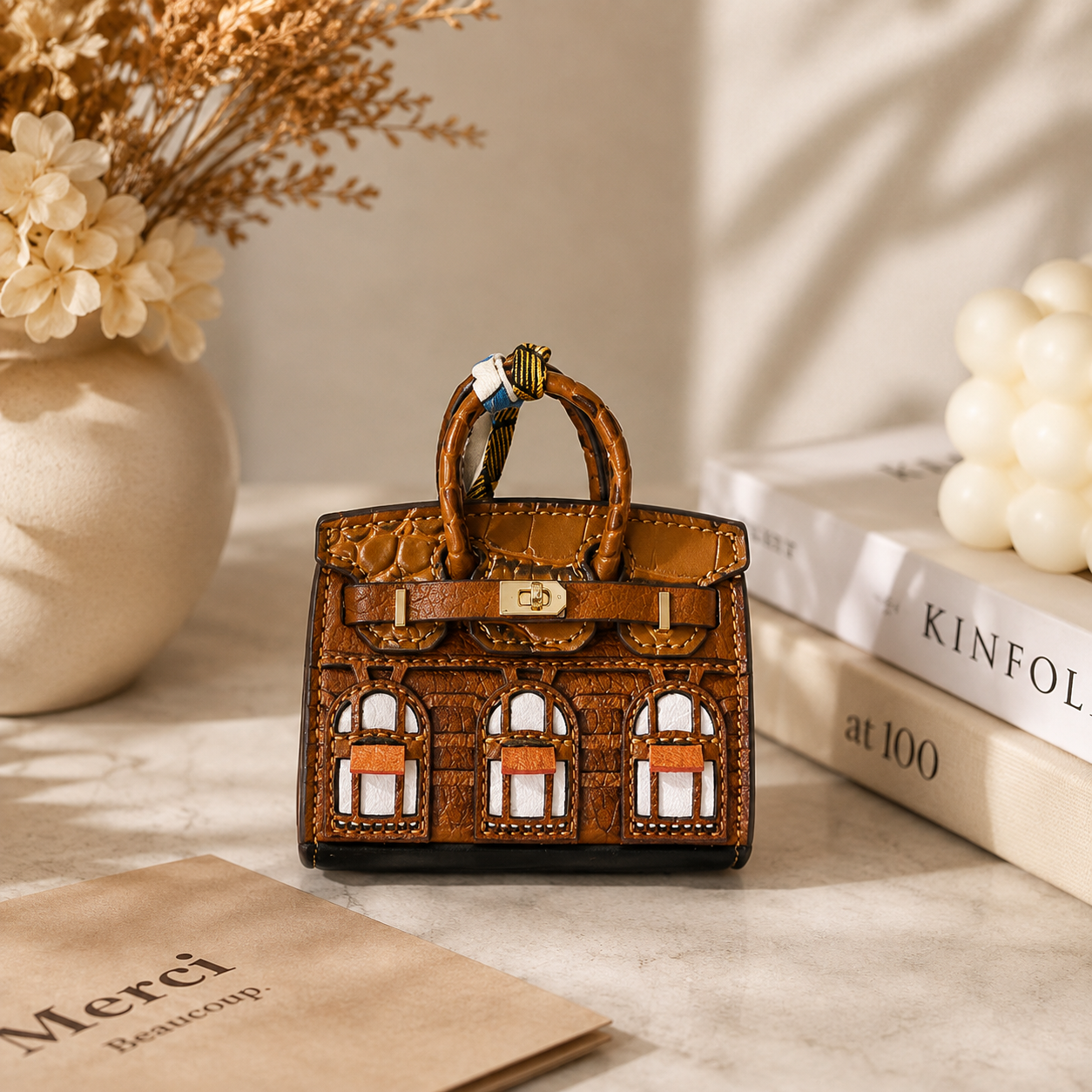 Mini House Bag Charm with Scarf – Faux Leather Coin Purse & Earbud Pouch