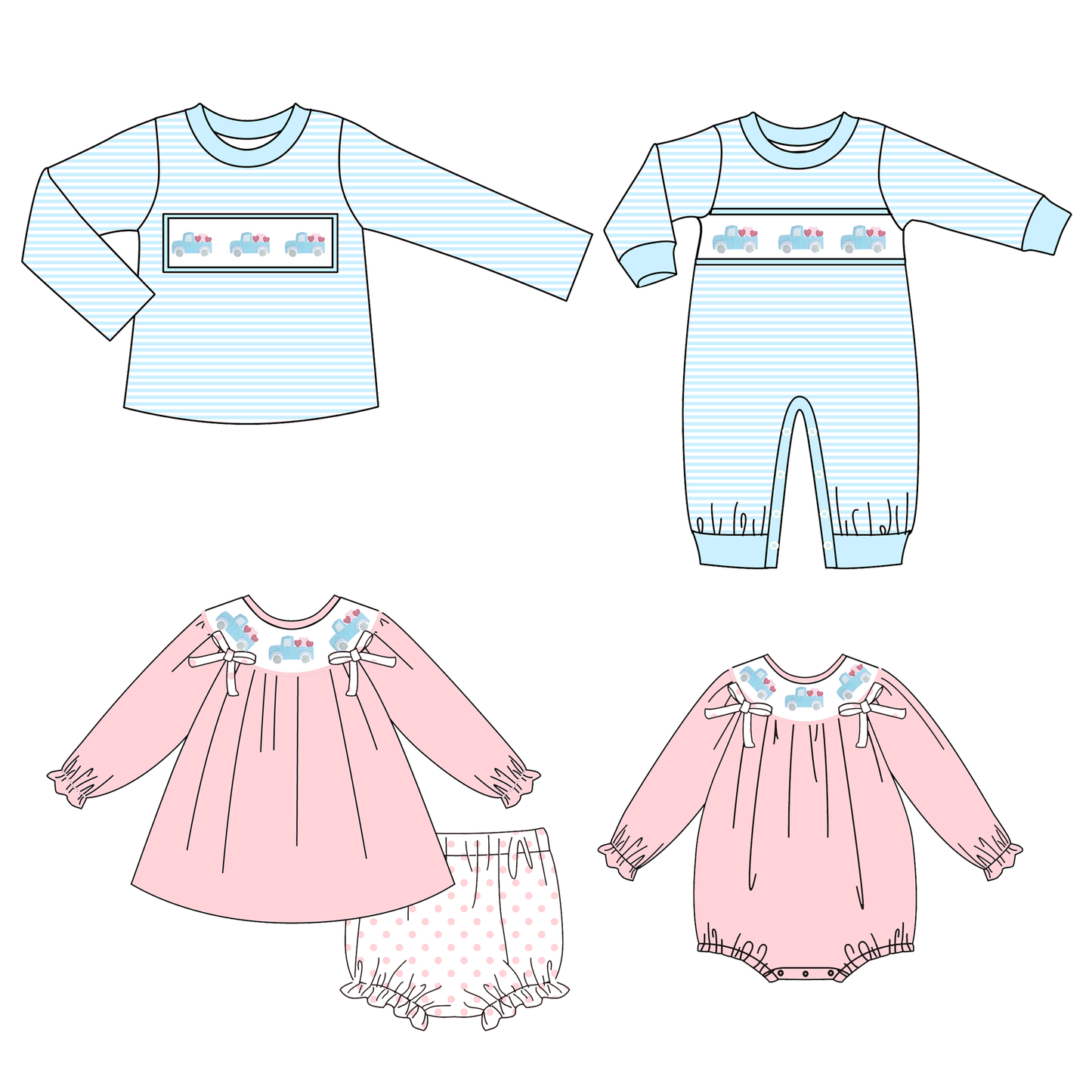 2026 Valentine's Day Spring Heart Car Kids Embroidery Smocked Collection