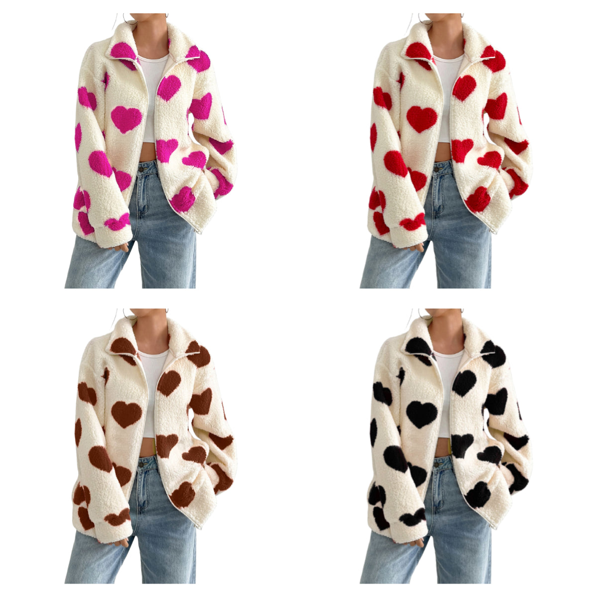 Valentine’s Day Plush Heart Print Zip-Up Cardigan Jacket Loose Fit Long Sleeve Outerwear Spring Winter