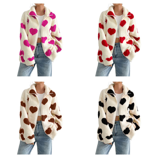 Valentine’s Day Plush Heart Print Zip-Up Cardigan Jacket Loose Fit Long Sleeve Outerwear Spring Winter