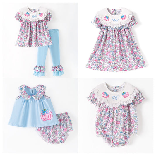 Fall Thanksgiving Girls Smocked Outfit Set – Pumpkin Embroidery Floral Sibling Collection