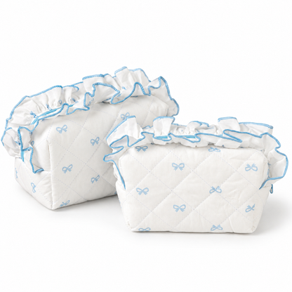 Diamond Quilted Ruffle Floral, Bow Print Makeup Cosmetic Bag – Toiletry & Travel Pouch