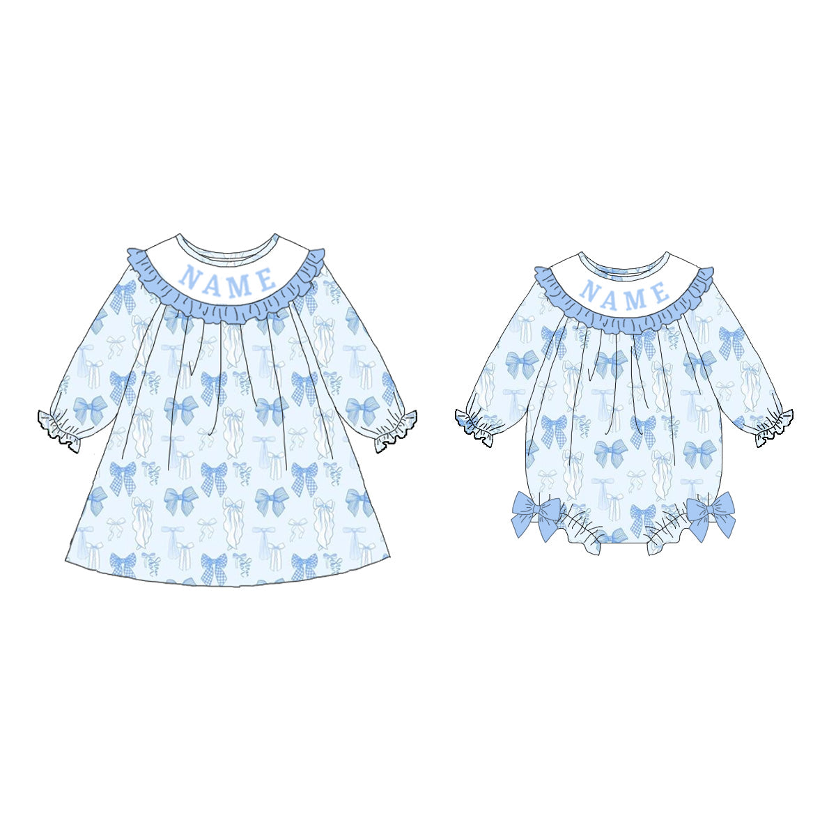 Summer Blue Bow Custom Name Embroidery Smock Outfits