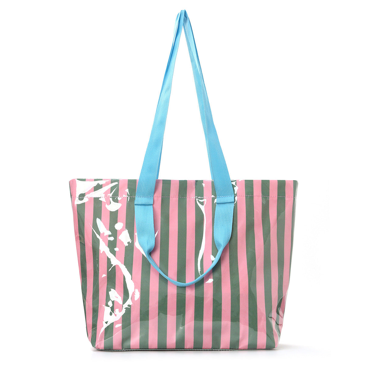 Waterproof Clear Striped Tote Bag – Large PVC Beach & Shopping Bag with Colorful Straps