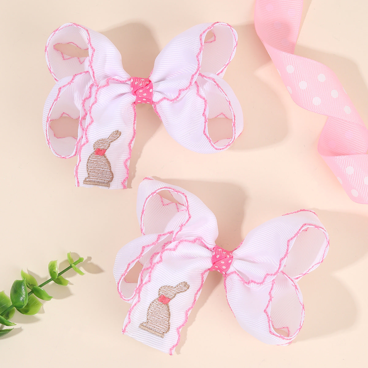 Kids Easter Bunny Embroidered Bow Hair Clip with Overlock Edges, Grosgrain Ribbon Hair Accessory