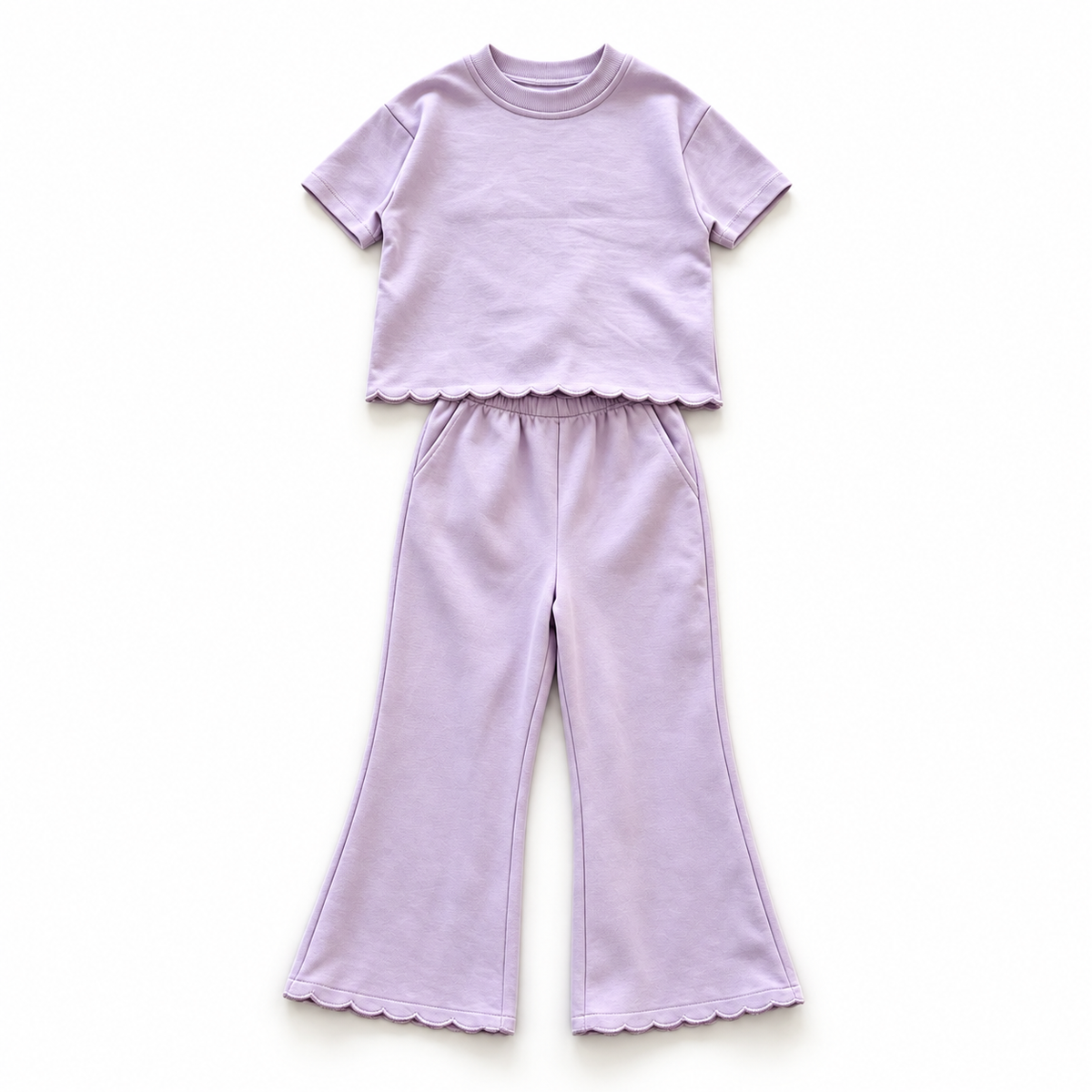 Girls’ Scalloped Cotton Two-Piece Set – Short Sleeve Sweatshirt & Wide-Leg Pants for Fall & Winter