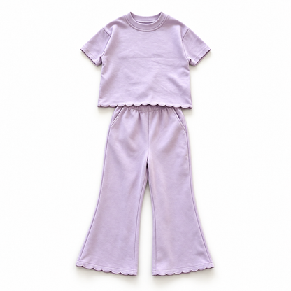 Girls’ Scalloped Cotton Two-Piece Set – Short Sleeve Sweatshirt & Wide-Leg Pants for Fall & Winter
