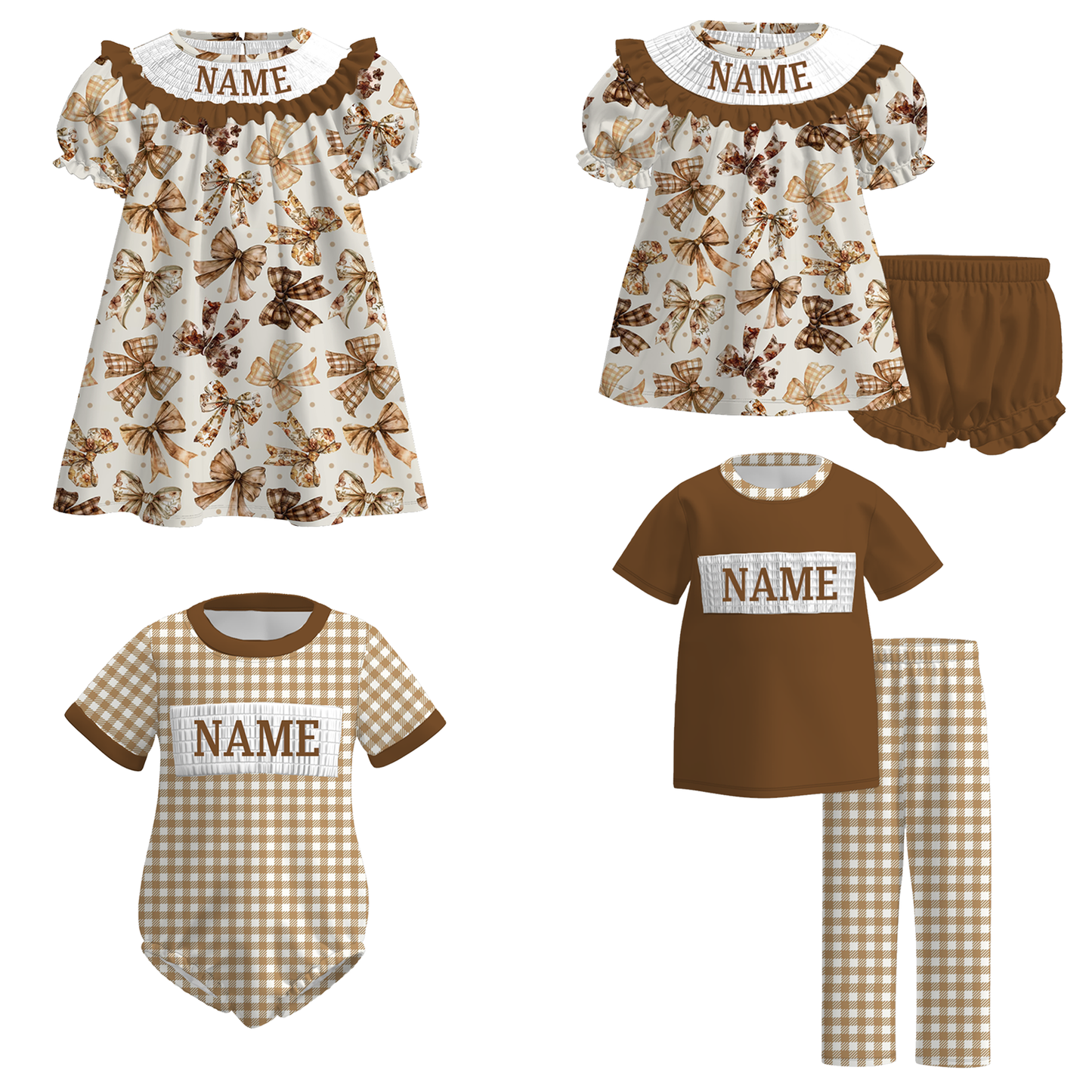 Kids Fall Custom Name Embroidery Brown Bow Plaid Sibling Clothes
